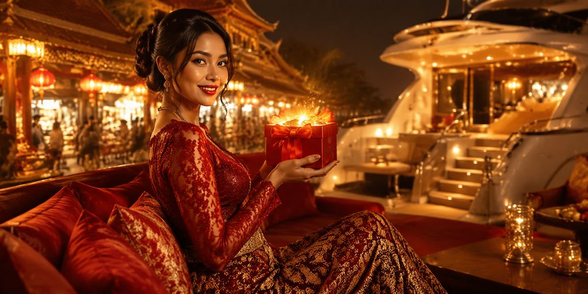 Model menerima amplop merah bonus dengan ekspresi bahagia di acara khusus