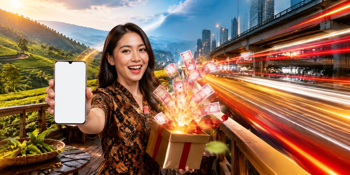Model perempuan Indonesia mengakses kasino mobile dengan tampilan layar smartphone yang responsif