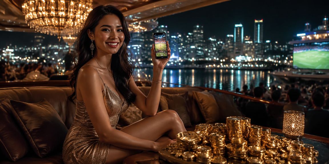 Model muda menikmati taruhan sepak bola di layar smartphone dengan ekspresi antusias