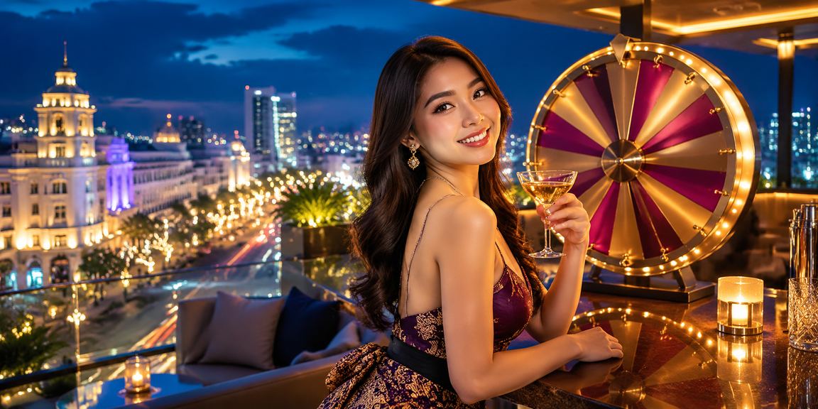 Model wanita mengakses lucky draw di smartphone dengan tampilan cerah dan menarik